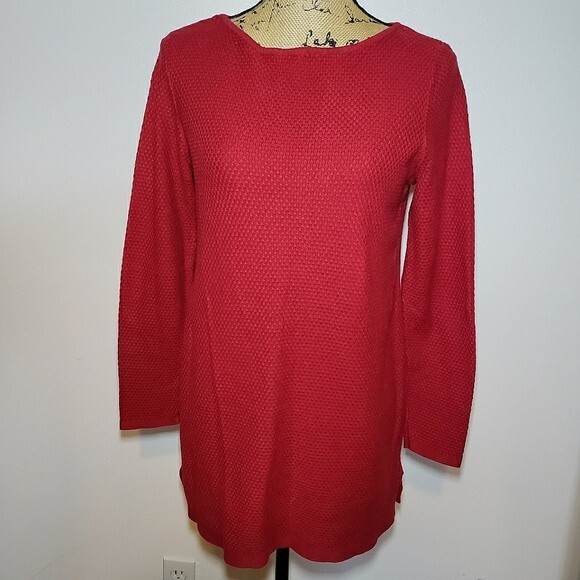 J. Jill Carmine Red Waffle Knit Crewneck Tunic Sweater Size S - Picture 1 of 8